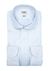 Camicia Piumino In Pregiato Cotone Egiziano Azzurra Con Righe Bianche - Vista Laterale - Camicia su Misura - Gest Cotone I... — Camicia Gest