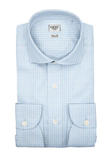 Camicia Piumino in Pregiato Cotone Egiziano Giza 87 Azzurra A Quadri - Vista Completa - Camicie di Cotone Italiano - Gest — Camicia Gest