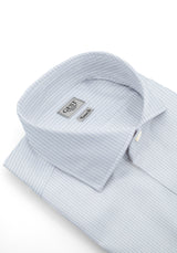 Camicia Piumino In Pregiato Cotone Egiziano Azzurra Con Righe - Vista Frontale - Camicia Cotone Italiano - Gest Camiceria ... — Camicia Gest