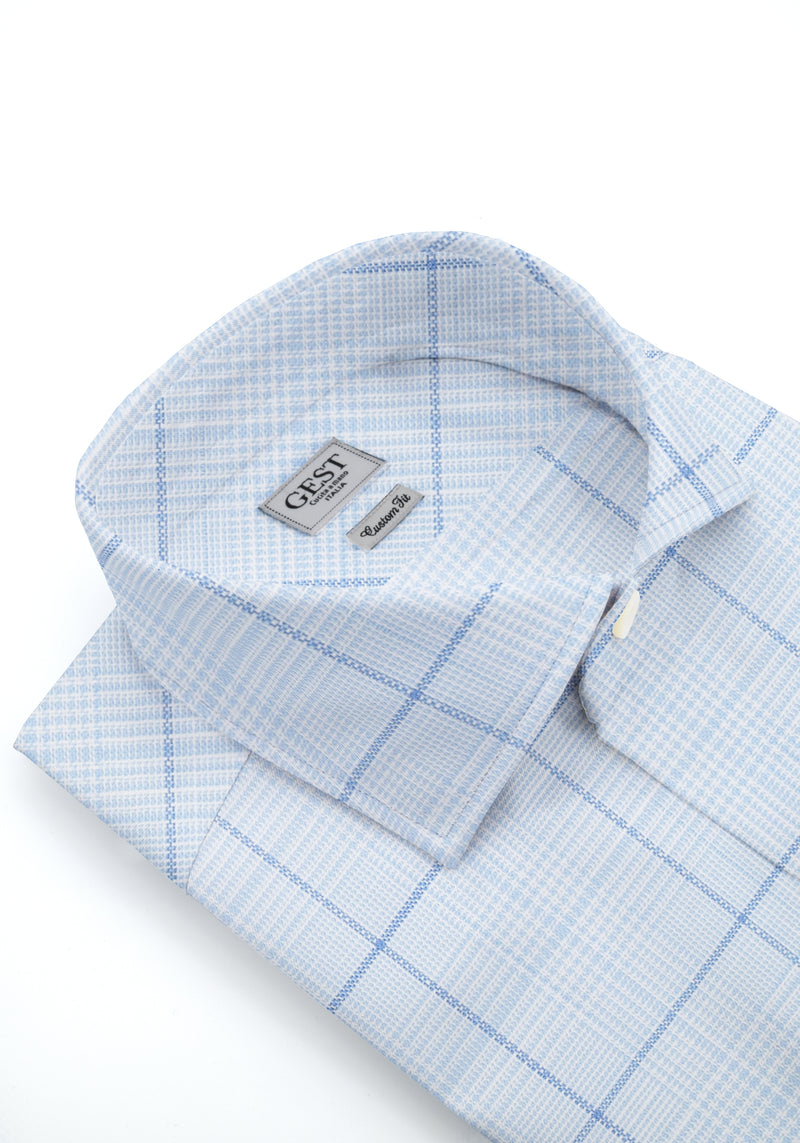 Camicia Cotone Chambray a Quadri Azzurro e Blu - Vista Frontale - Camicia Cotone Italiano - Gest Camiceria Online — Camicia Gest