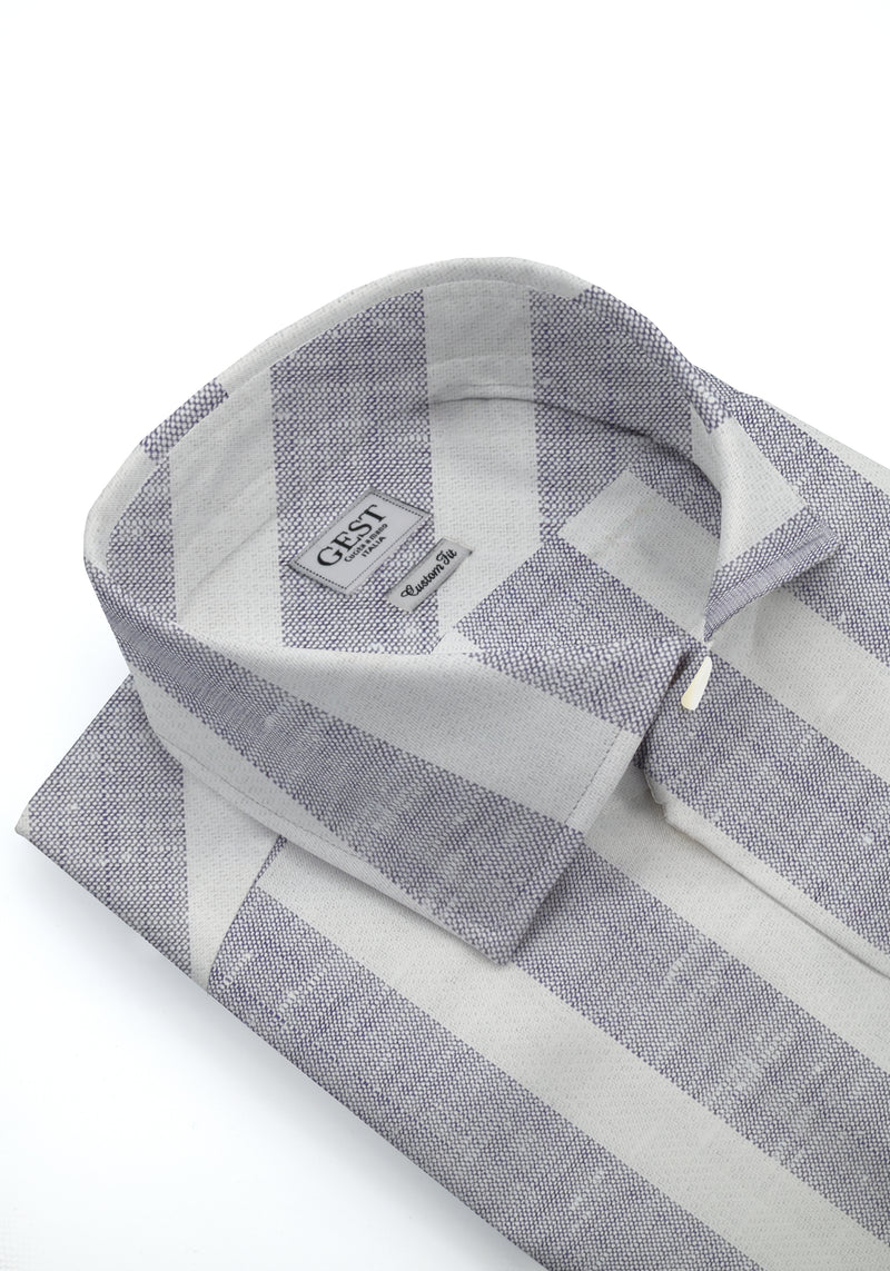 Camicia Cotone Chambray a Righe Azzurro e Blu - Vista Frontale - Camicia Cotone Italiano - Gest Camiceria Online — Camicia Gest