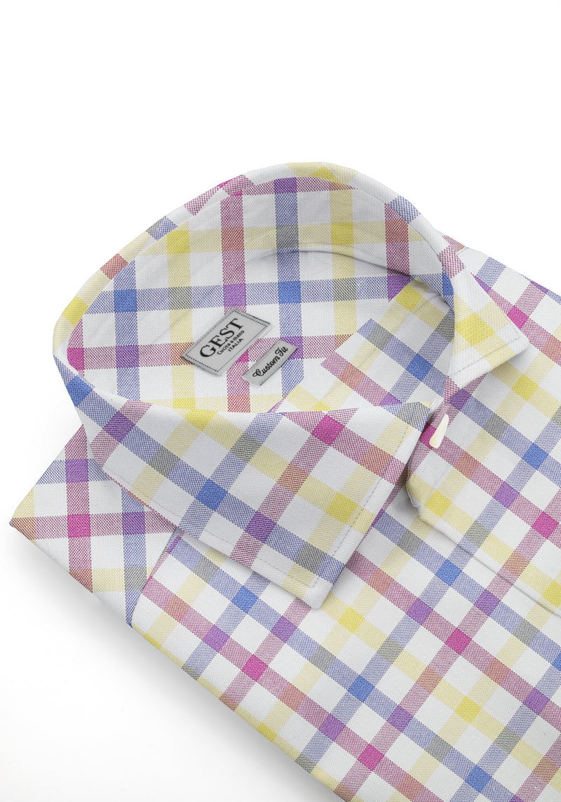 Camicia Cotone Zephir a Quadri Viola Blu Giallo - Vista Frontale - Camicia Cotone Italiano - Gest Camiceria Online — Camicia Gest