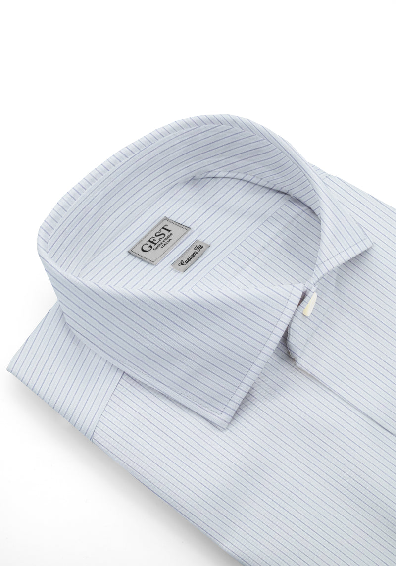 Camicia Piumino In Pregiato Cotone Egiziano Azzurra Con Righe - Vista Frontale - Camicia Cotone Italiano - Gest Camiceria ... — Camicia Gest