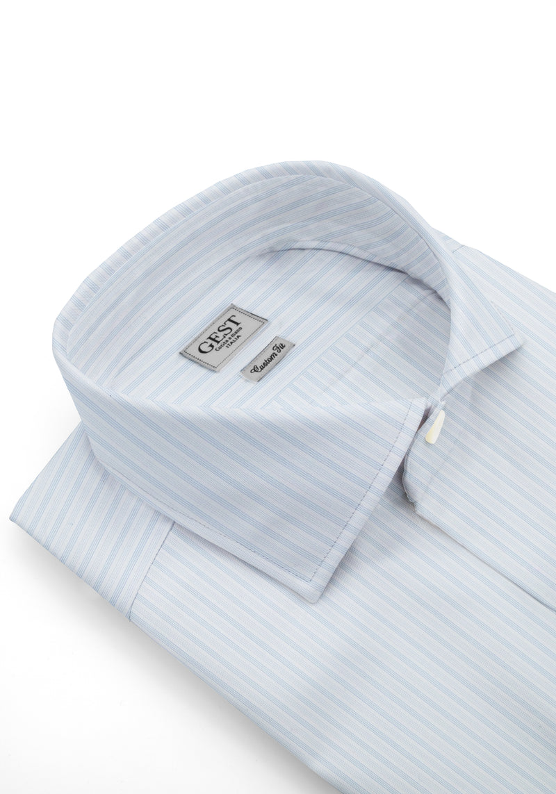 Camicia Piumino In Pregiato Cotone Egiziano Giza 87 Azzura con Righe - Vista Frontale - Camicia Cotone Italiano - Gest Cam... — Camicia Gest