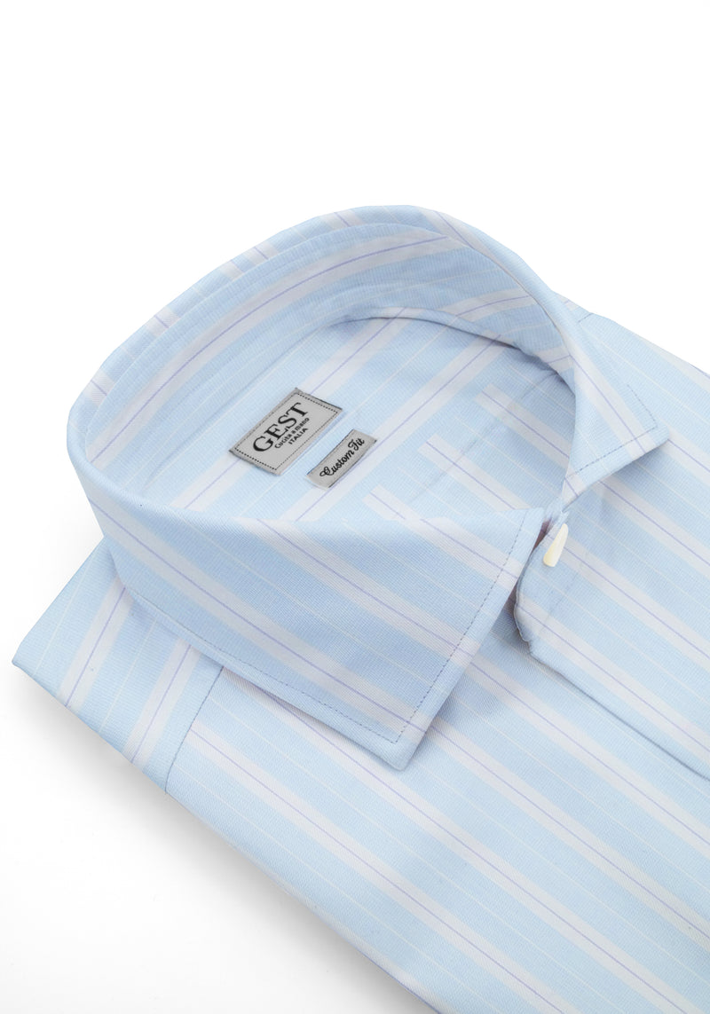Camicia Piumino in Pregiato Cotone Egiziano Giza 87 Azzurra Con Doppie Righe - Vista Frontale - Camicia Cotone Italiano - ... — Camicia Gest