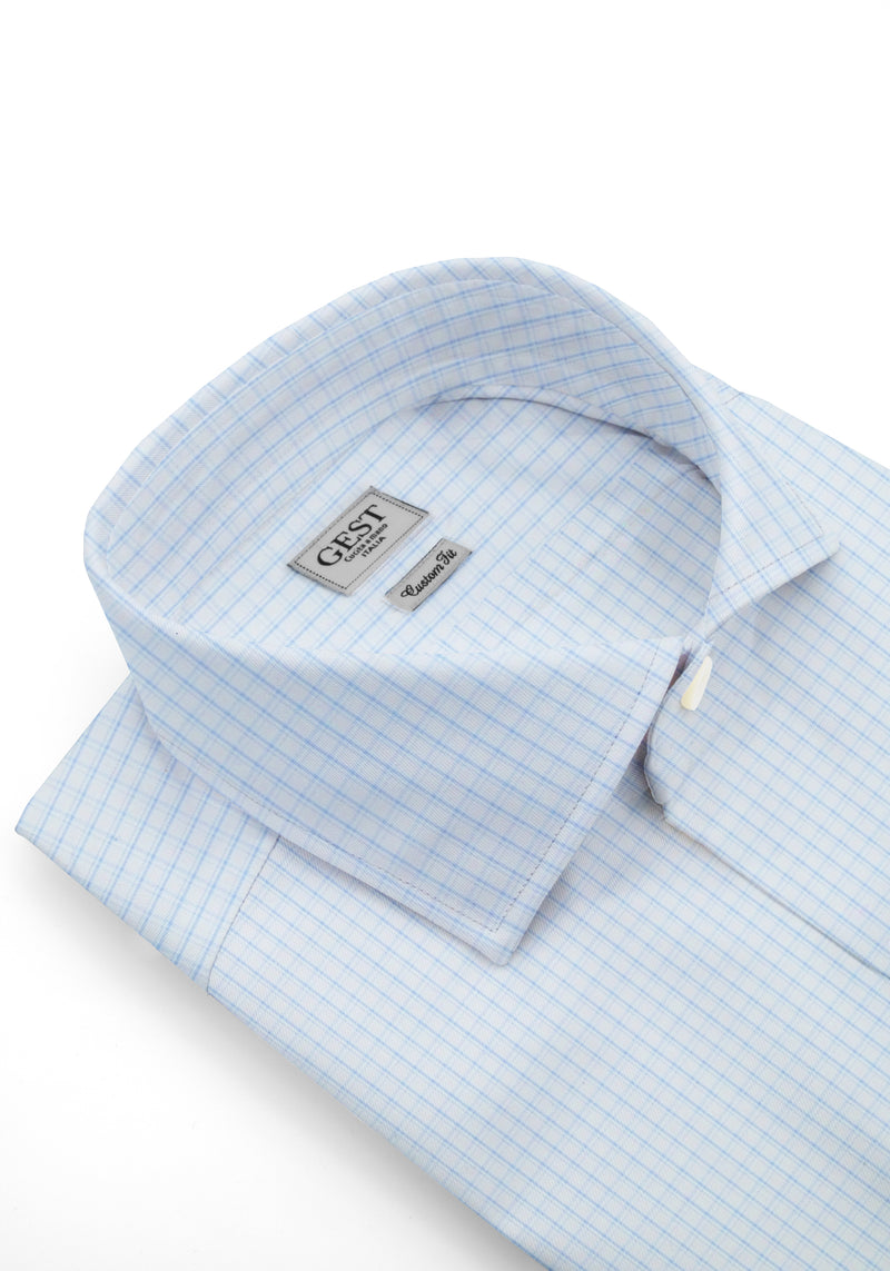 Camicia Piumino in Pregiato Cotone Egiziano Giza 87 Azzurra A Quadri - Vista Frontale - Camicia Cotone Italiano - Gest Cam... — Camicia Gest