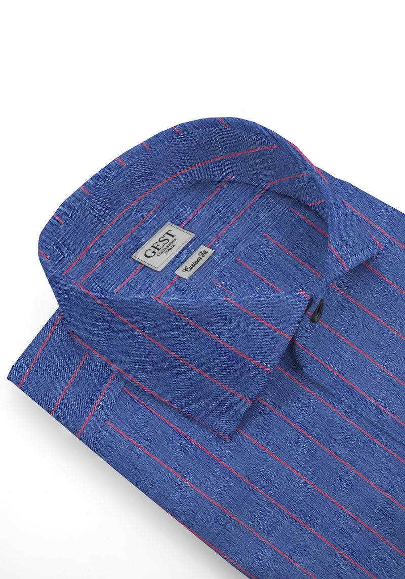 Camicia Cotone Chambray Super a Righe Azzurro e Rosa - Vista Frontale - Camicia Cotone Italiano - Gest Camiceria Online — Camicia Gest
