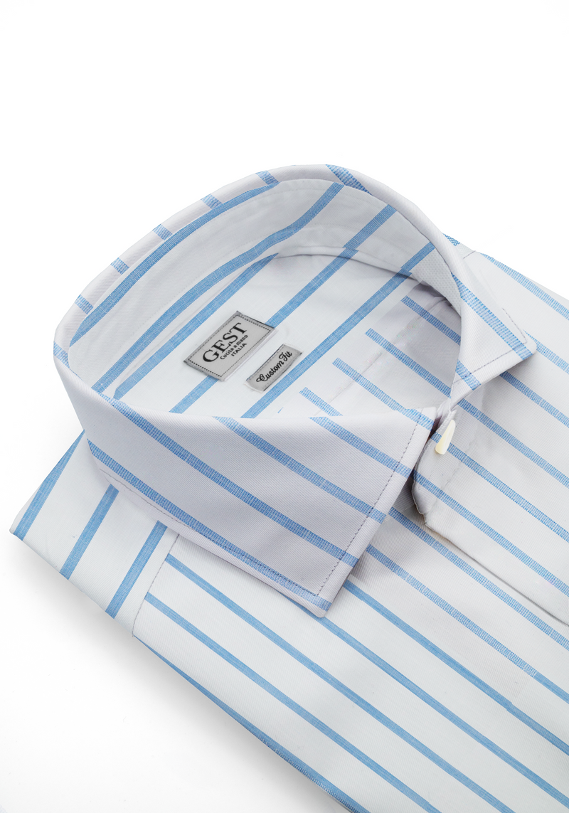 Camicia Cotone Chambray Super a Righe Azzurro e Blu - Vista Frontale - Camicia Cotone Italiano - Gest Camiceria Online — Camicia Gest